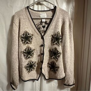 Christopher & Banks Knit Sweater Hearts Stars Tan Sz Lg Hand Embroidered Granny